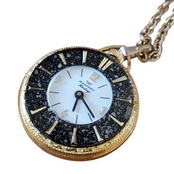 Vintage American Heritage Pocket Watch Necklace Pendant Gold Tone Swiss Untested - Picture 3 of 7
